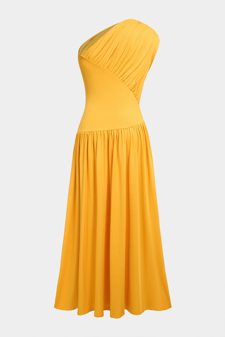 Solid One Shoulder Asymmetrical Ruched Sleeveless Maxi Dress