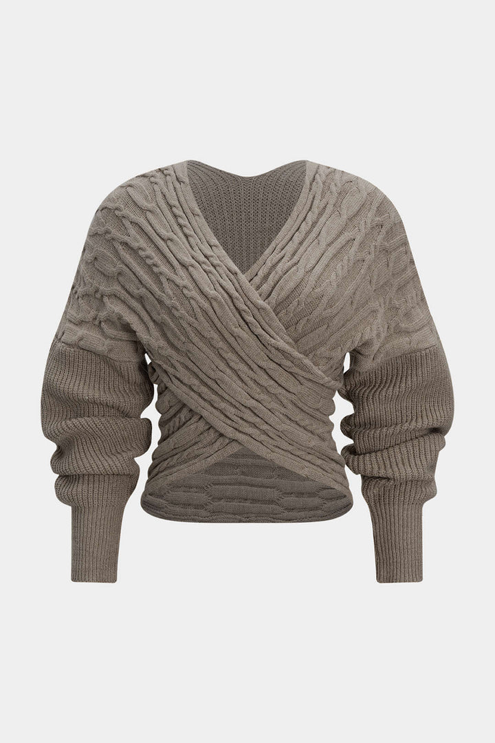 Cable Knit Crossed V-Neck Long-Sleeve Top