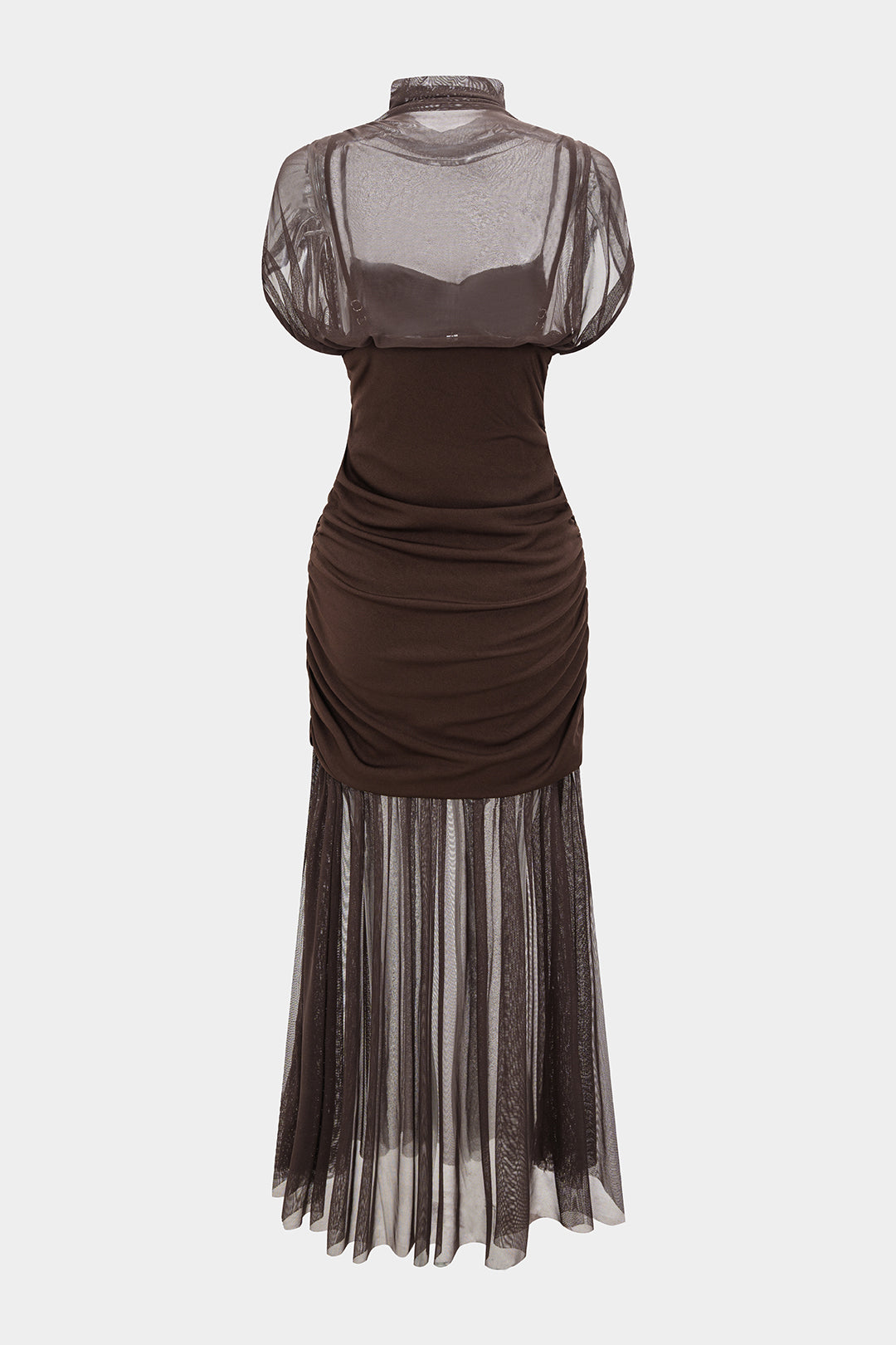 Mesh Patchwork Mock Neck Short-Sleeve Maxi Dress