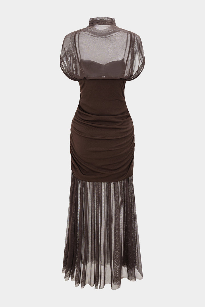 Mesh Patchwork Mock Neck Short-Sleeve Maxi Dress