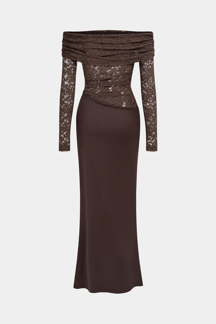 Lace Patchwork Off Shoulder Ruched Long Sleeve Maxi Dress