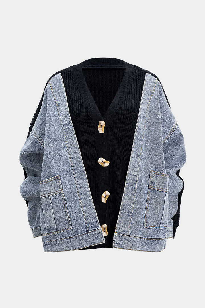 Denim Patchwork V-Neck Pocket Sweater Cardigan