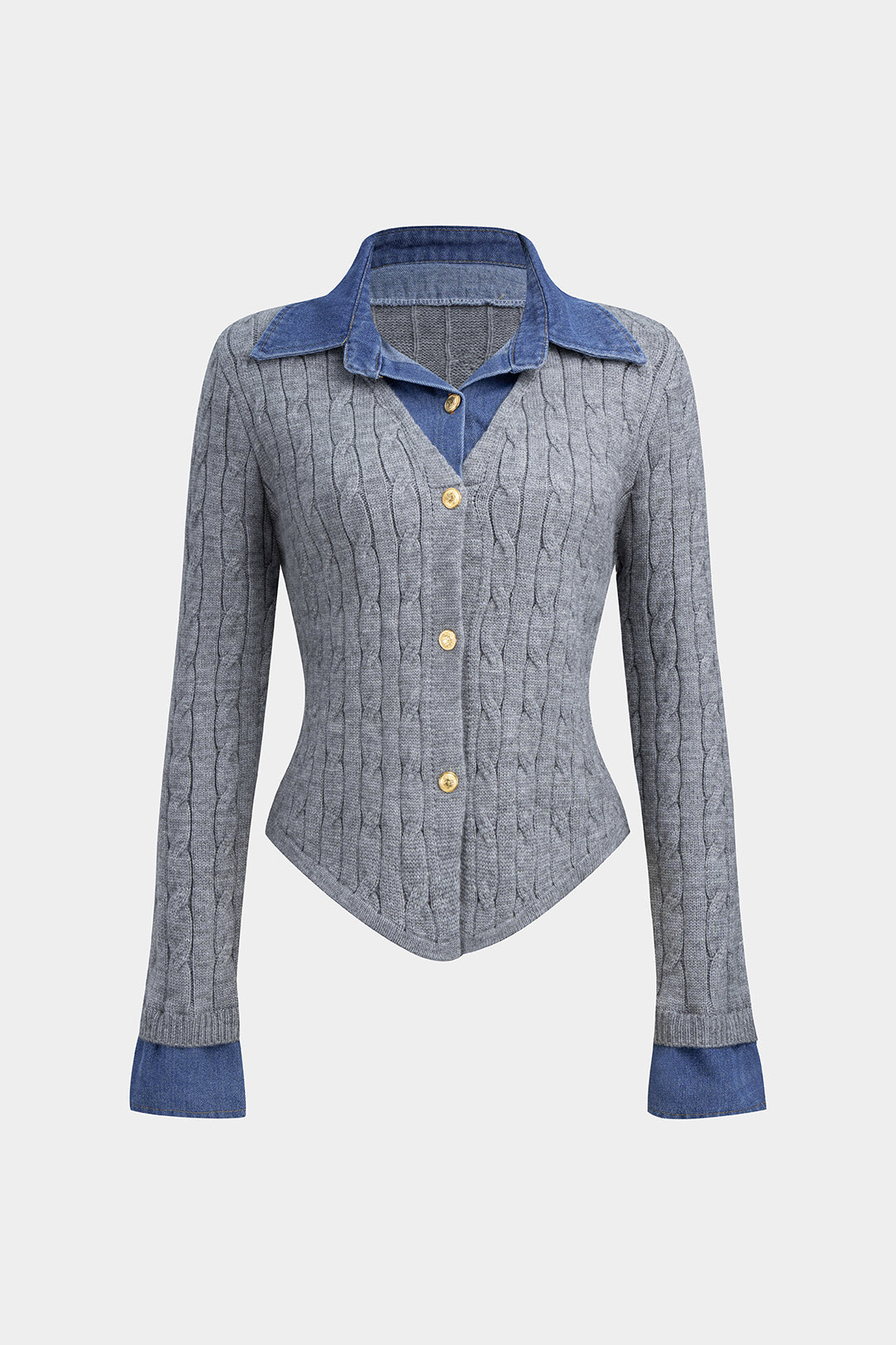 Cable Knit Patchwork Button Long-Sleeve Top