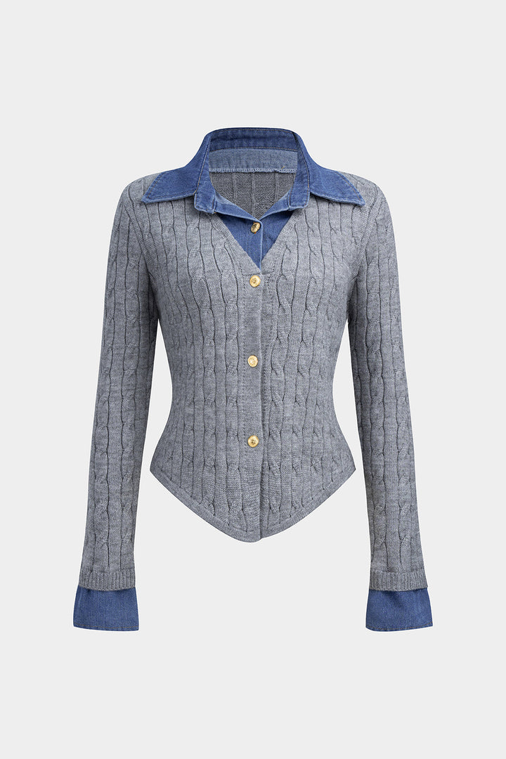 Cable Knit Patchwork Button Long-Sleeve Top