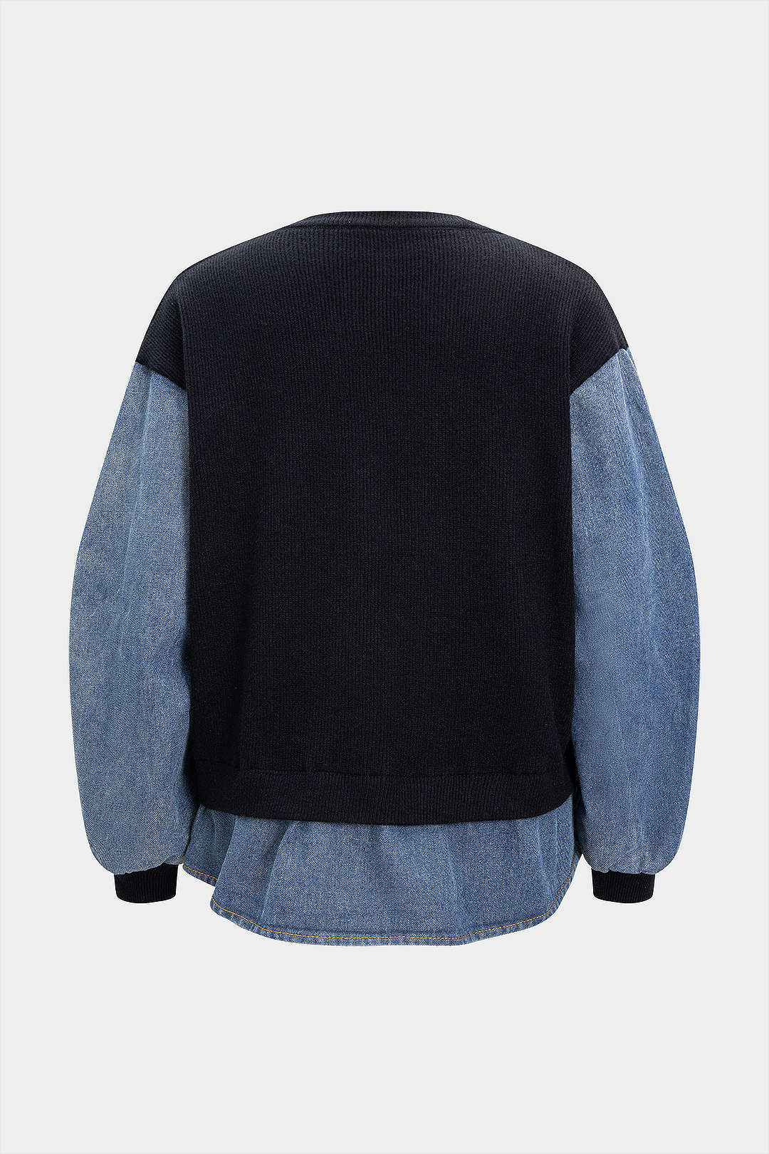 Knit Denim Patchwork Chain Decor Ruched Long-Sleeve Top