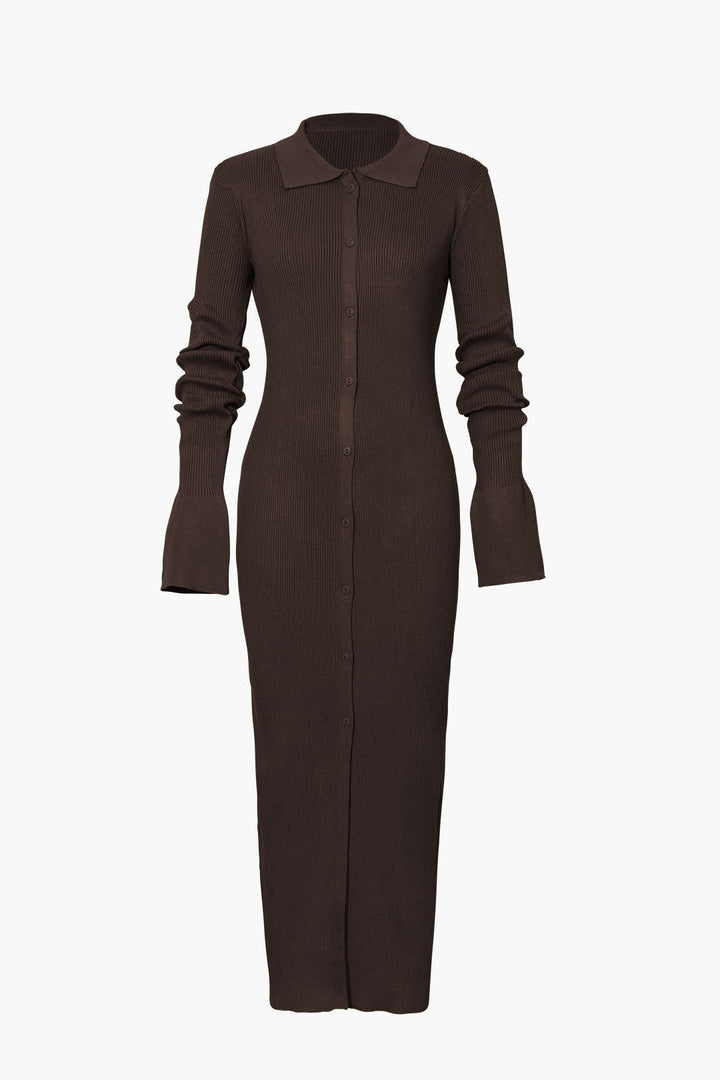 Shell Sleeve Ribbed Buttons Down Maxi Dress Mesh