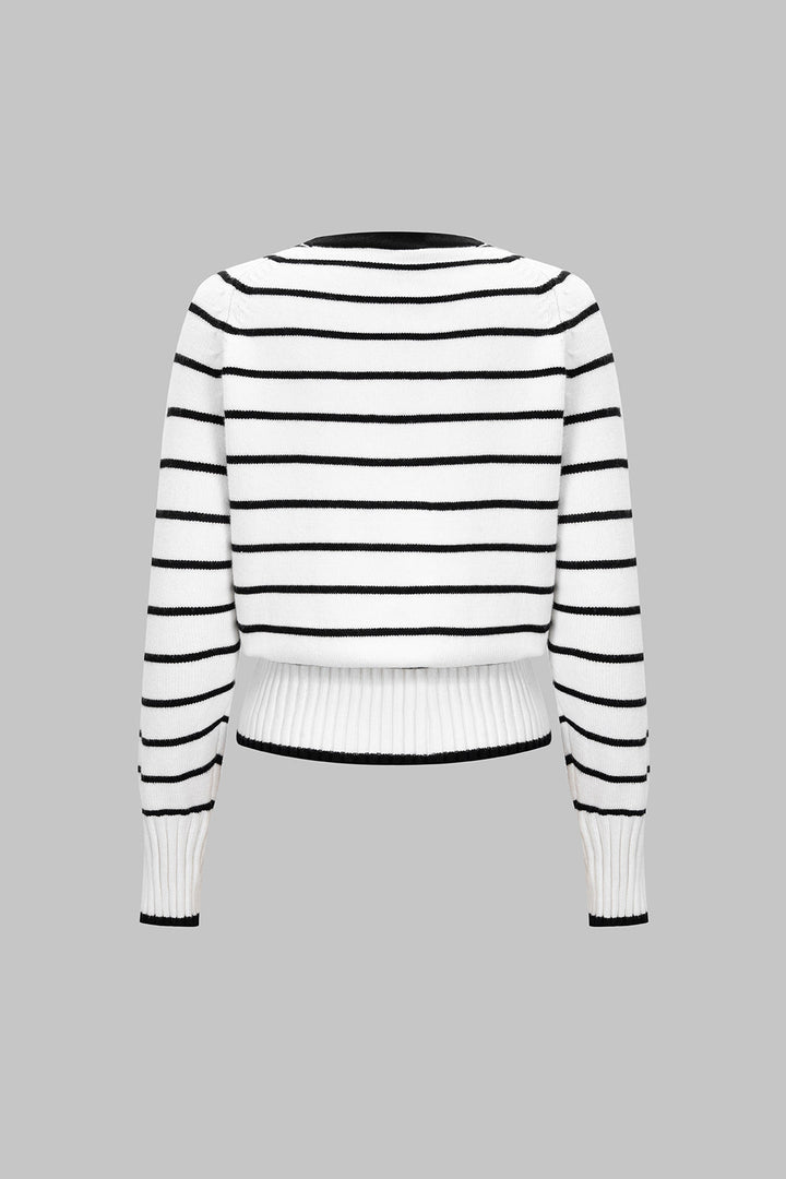 Knit Contrast Stripes Print V-Neck Button Cardigan