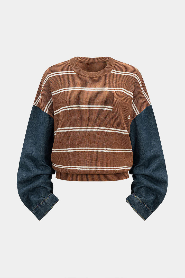 Knit Contrast Stripe Print Patchwork Long-Sleeve Top