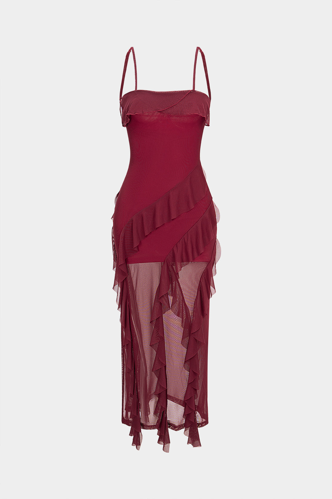 Mesh Patchwork Asymmetrical Ruffle Tie Back Sleeveless Maxi Dress