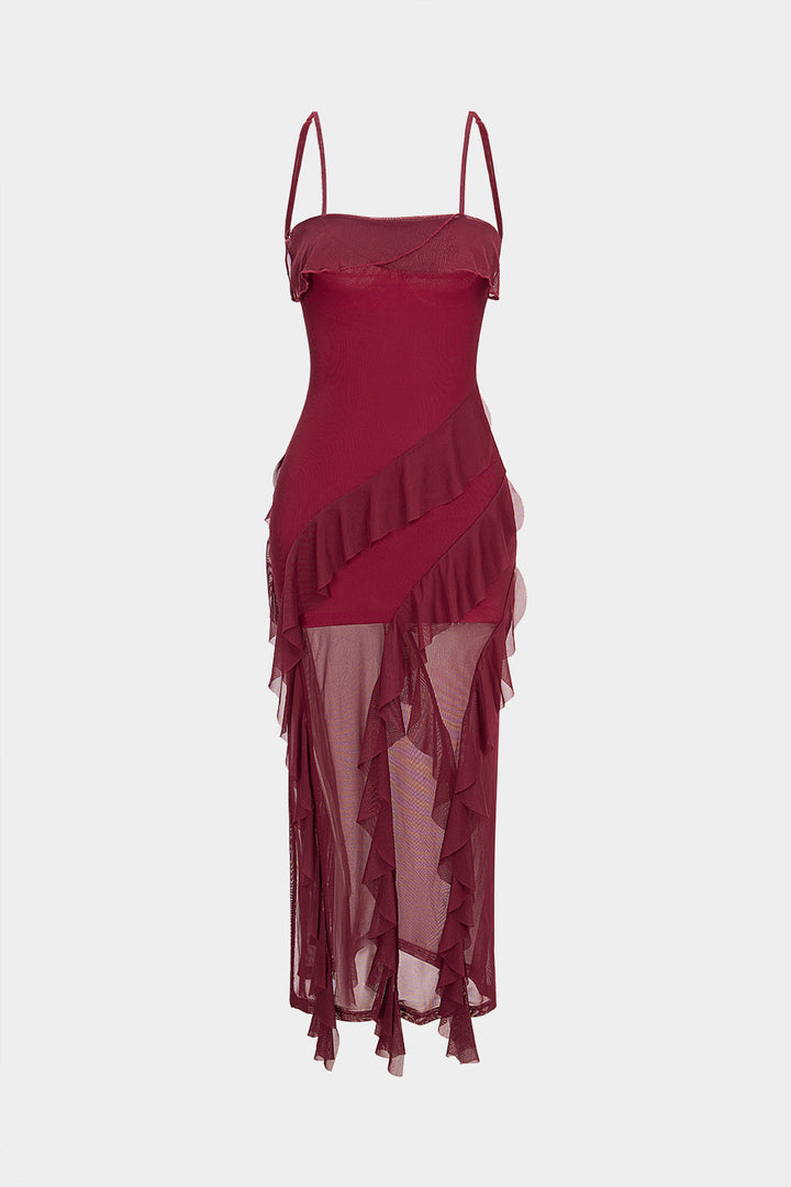 Mesh Patchwork Asymmetrical Ruffle Tie Back Sleeveless Maxi Dress