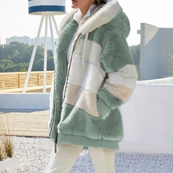 Daria™ | Colorblock Stripe Fuzzy Hooded Zip-Up Jacket