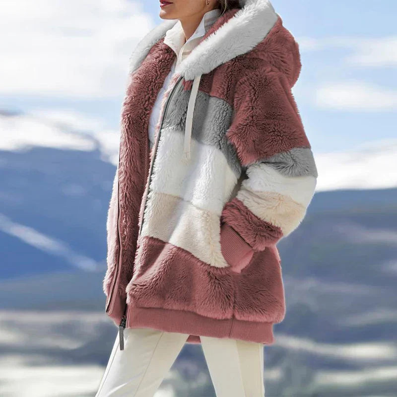 Daria™ | Colorblock Stripe Fuzzy Hooded Zip-Up Jacket