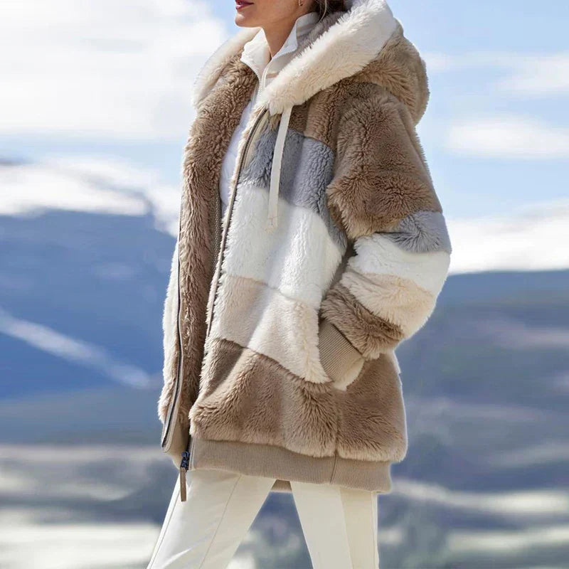 Daria™ | Colorblock Stripe Fuzzy Hooded Zip-Up Jacket