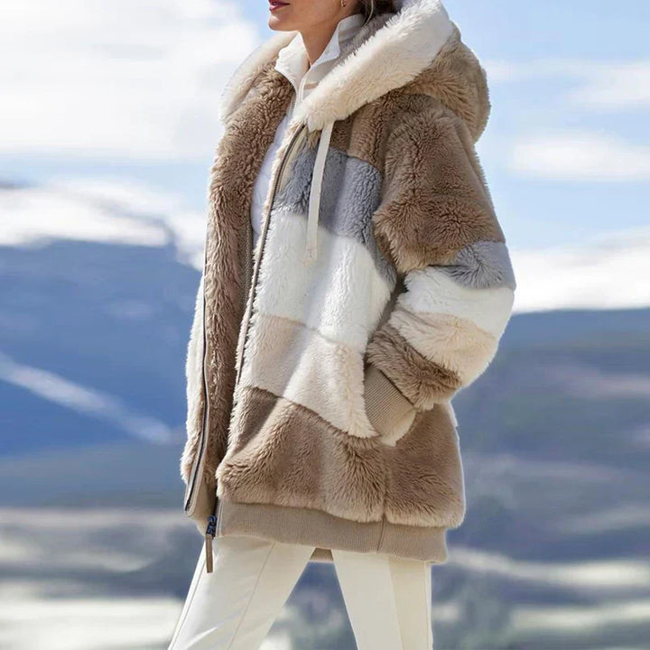 Daria™ | Colorblock Stripe Fuzzy Hooded Zip-Up Jacket