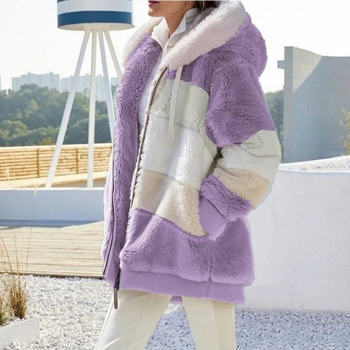 Daria™ | Colorblock Stripe Fuzzy Hooded Zip-Up Jacket